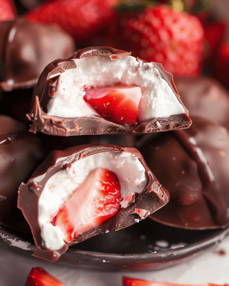 Fresh strawberry covered in creamy yogurt and dipped in chocolate, showing a sweet and juicy inside texture