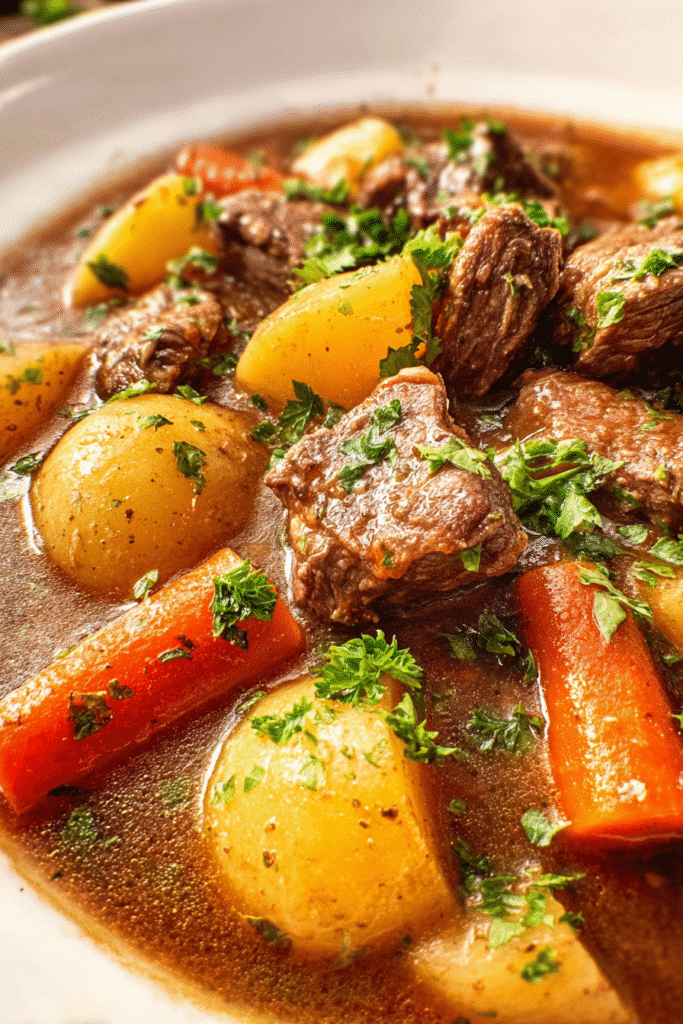 Tender beef chunks with carrots and potatoes simmered in a rich broth, topped with fresh parsley for the perfect stew