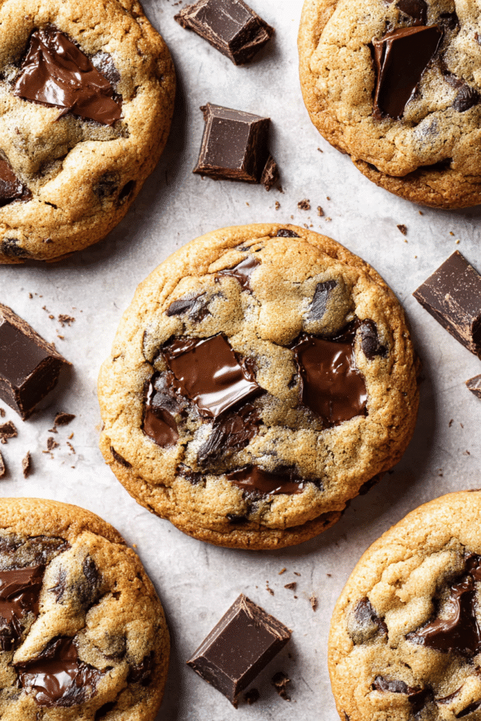 Classic chocolate chip cookies with melted chocolate chunks and golden edges cooling on parchment with chocolate pieces