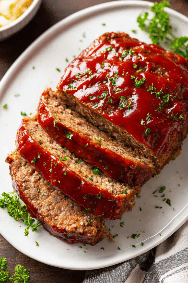 Classic meatloaf topped with rich tomato glaze and parsley on a white plate, tender slices ready to serve for dinner