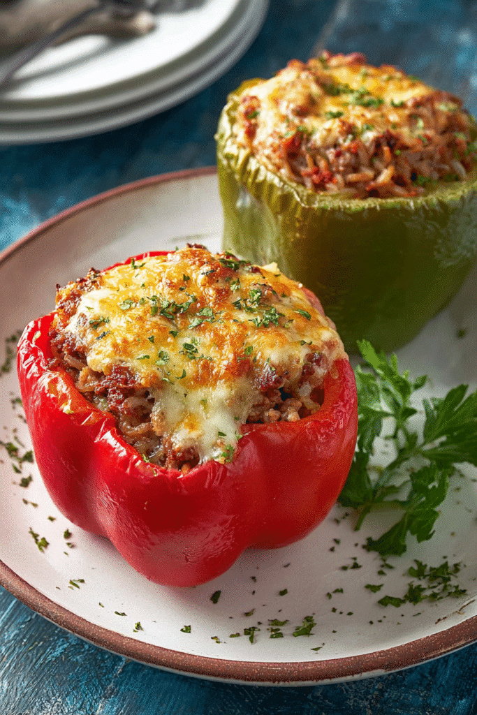 Classic stuffed bell peppers filled with savory beef, rice, and melted cheese, garnished with herbs for a cozy homemade meal
