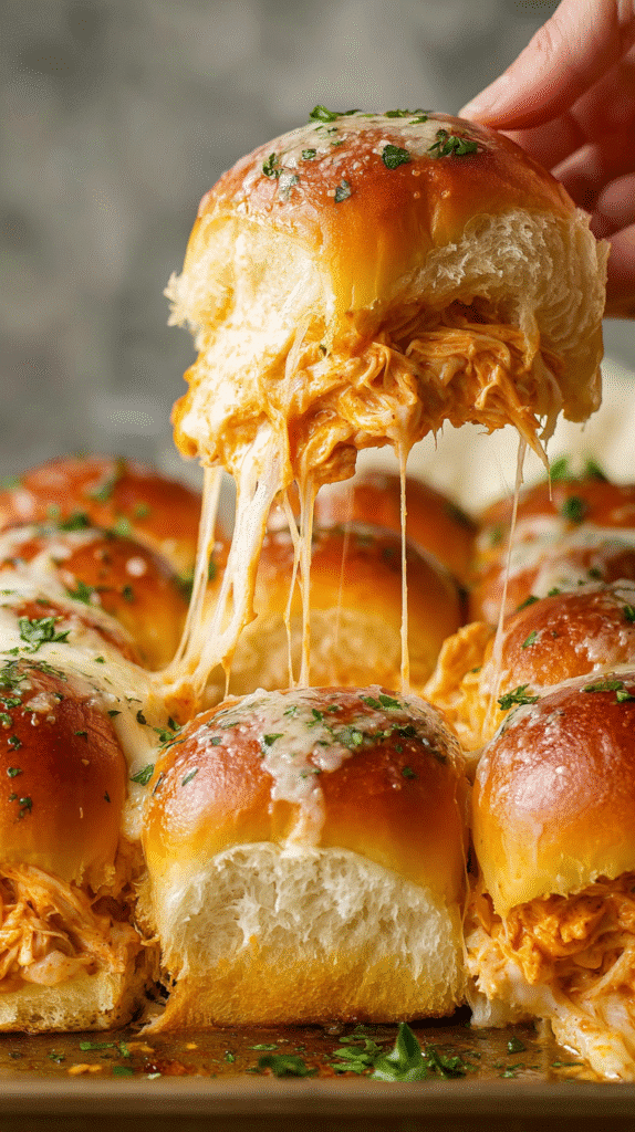 Close-up side view of spicy buffalo chicken pull-apart sliders