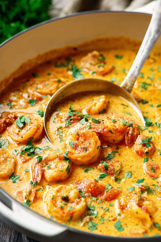 Creamy coconut curry shrimp with tender shrimp in a rich, spicy sauce topped with fresh herbs for a flavorful dinner