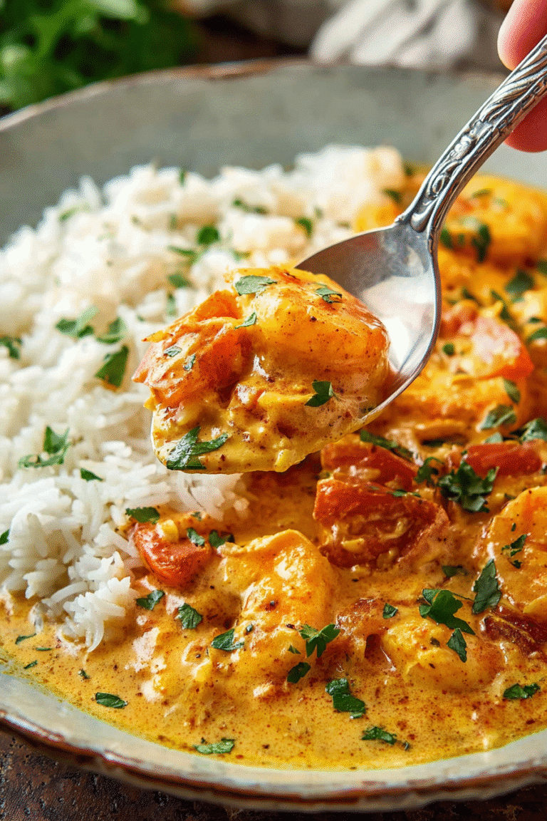 Creamy coconut curry shrimp served with fluffy white rice, topped with herbs and rich golden spicy sauce for dinner