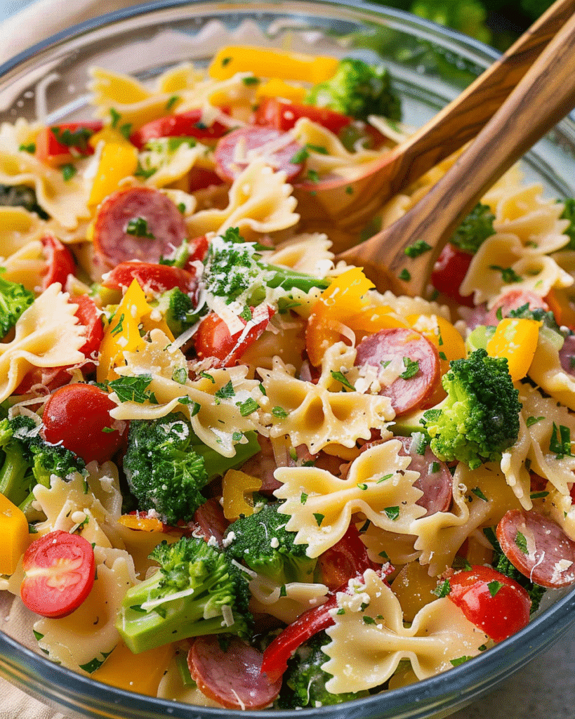 Bow tie pasta salad mixed with broccoli, cherry tomatoes, peppers, and sausage topped with shredded Parmesan cheese