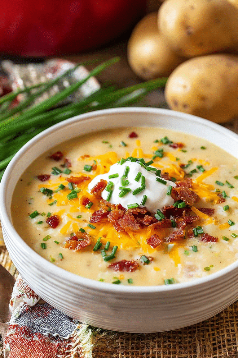 Creamy loaded baked potato soup topped with cheddar cheese, sour cream, and chives for the ultimate cozy comfort meal