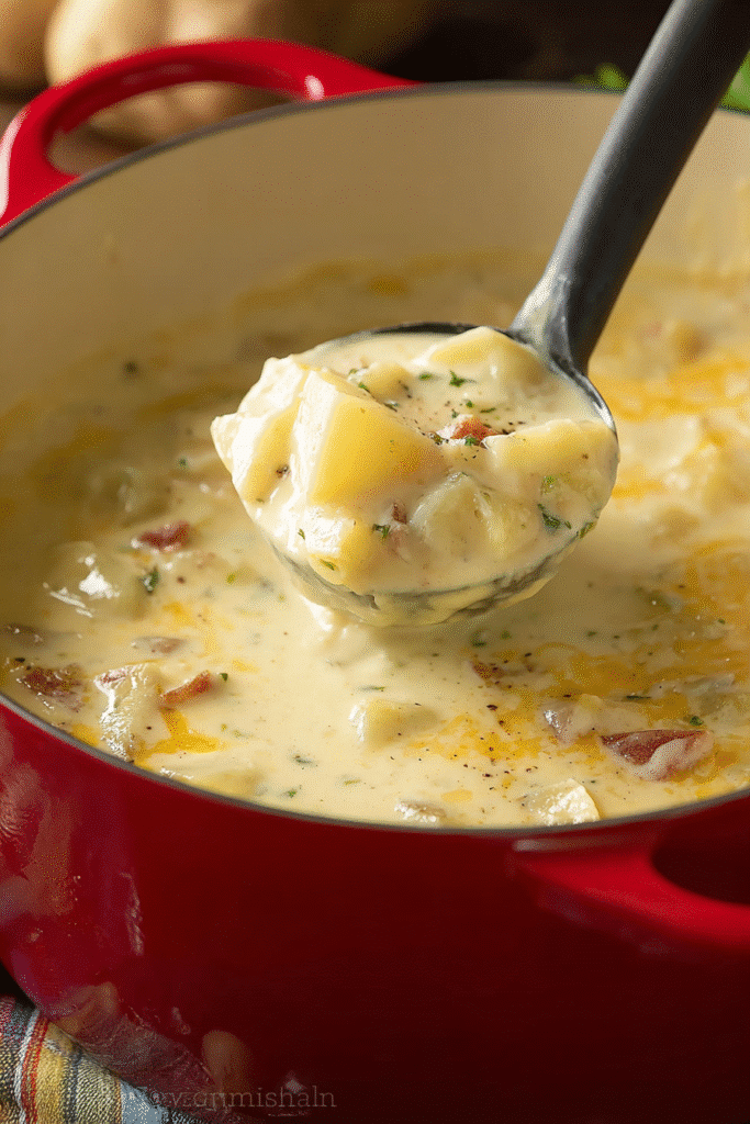Creamy loaded baked potato soup simmering in a pot with tender potatoes, melted cheese, and herbs for cozy comfort
