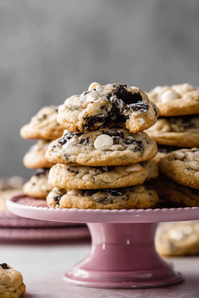 Cookies and cream cookies with white chocolate chunks and Oreo pieces stacked on a pink plate with soft marble background