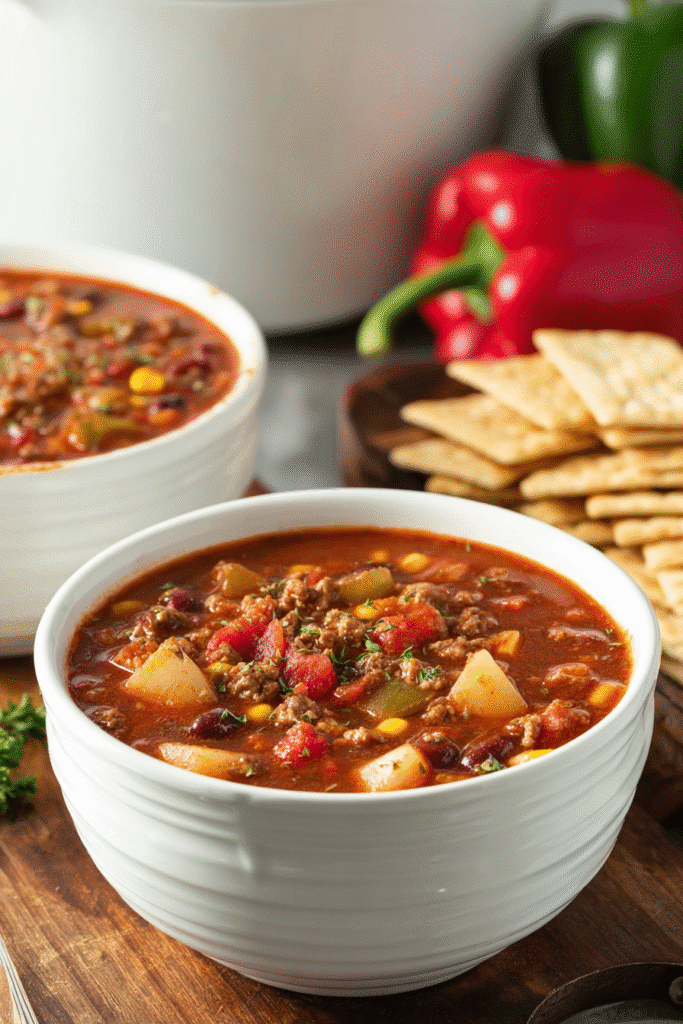 Hearty cowboy soup with ground beef, potatoes, beans, corn, and tomatoes served in white bowls for a cozy homemade meal