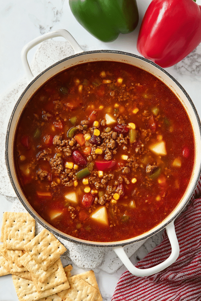 Homemade cowboy soup with ground beef, potatoes, beans, corn, and peppers simmered in a rich tomato broth in a white pot