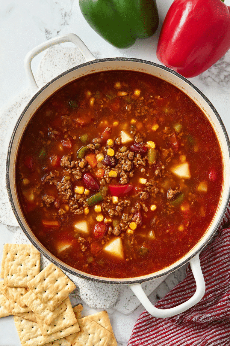 Homemade cowboy soup with ground beef, potatoes, beans, corn, and peppers simmered in a rich tomato broth in a white pot