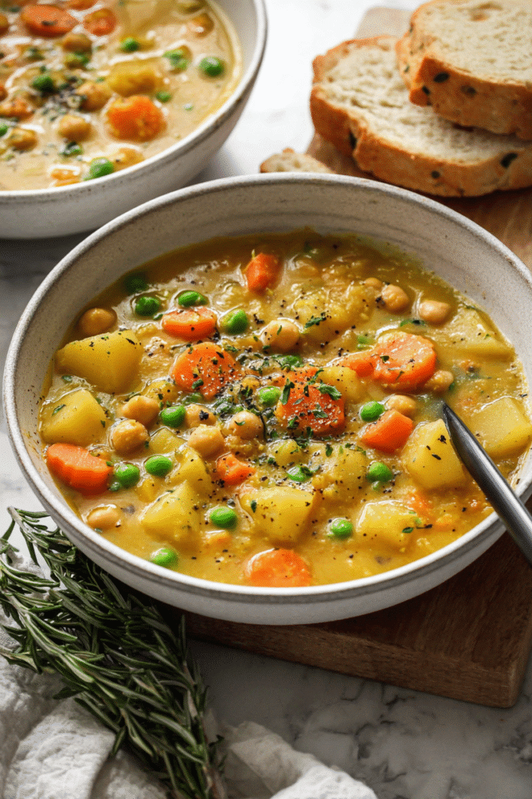 Warm bowl of creamy vegetable soup with potatoes, carrots, peas, and chickpeas served with fresh herbs and bread