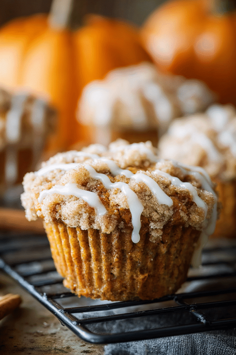 Fresh pumpkin muffin with cinnamon crumble and white glaze, sitting on a cooling rack with pumpkins in the background