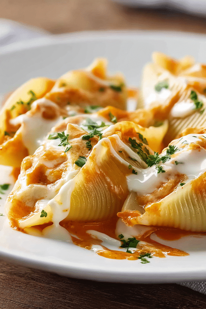 Cheesy buffalo chicken stuffed pasta shells with ranch drizzle and parsley for a creamy, spicy, and easy meal.
