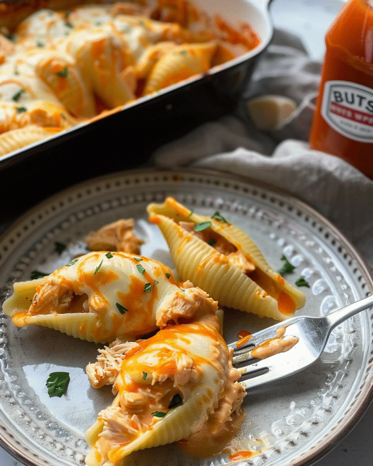 Creamy buffalo chicken stuffed pasta shells topped with melted cheese and spicy sauce for a quick and easy dinner