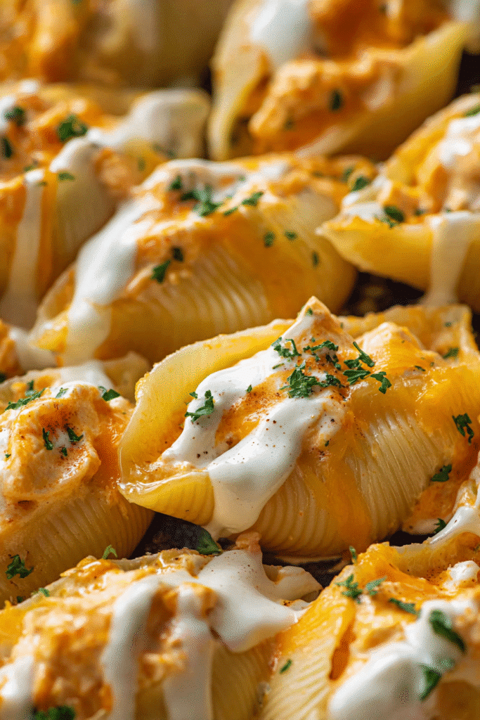 Creamy buffalo chicken stuffed pasta shells topped with melted cheese, ranch drizzle, and fresh parsley.