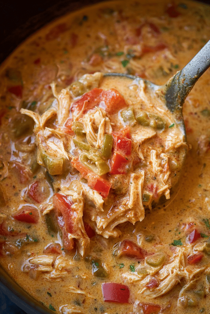 Creamy Cajun chicken soup filled with shredded chicken, bell peppers, and tomatoes in a rich, spicy broth