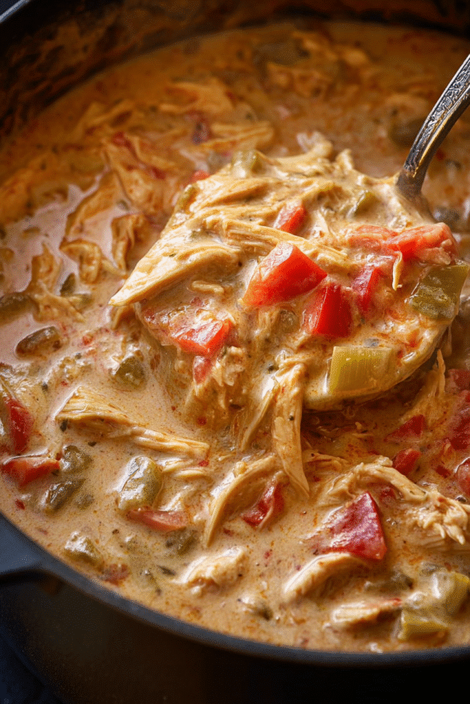 Creamy Cajun chicken soup with shredded chicken, red and green bell peppers in a rich, spiced broth