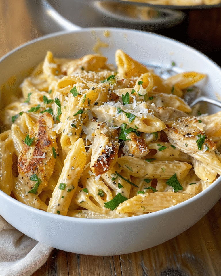 Creamy penne pasta with grilled chicken, parmesan cheese, and parsley in a rich garlic sauce for a cozy dinner
