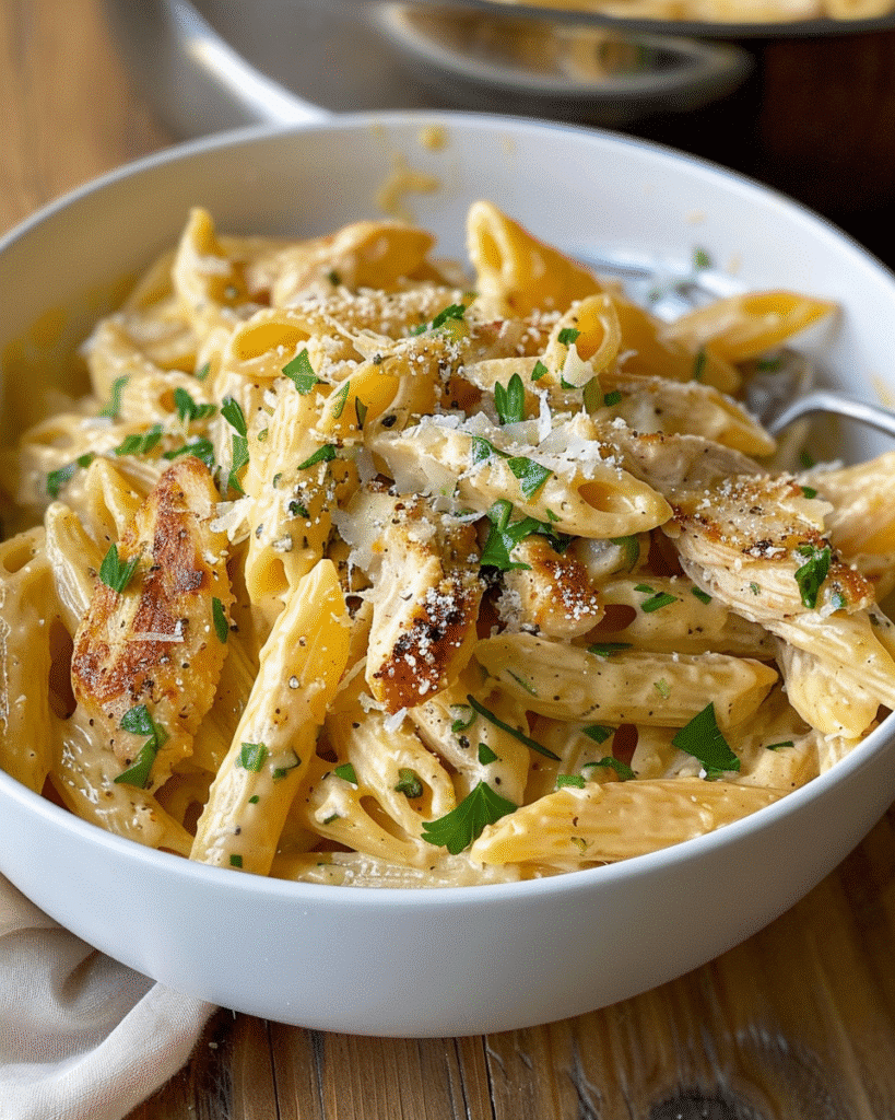 Creamy penne pasta with grilled chicken, parmesan cheese, and parsley in a rich garlic sauce for a cozy dinner