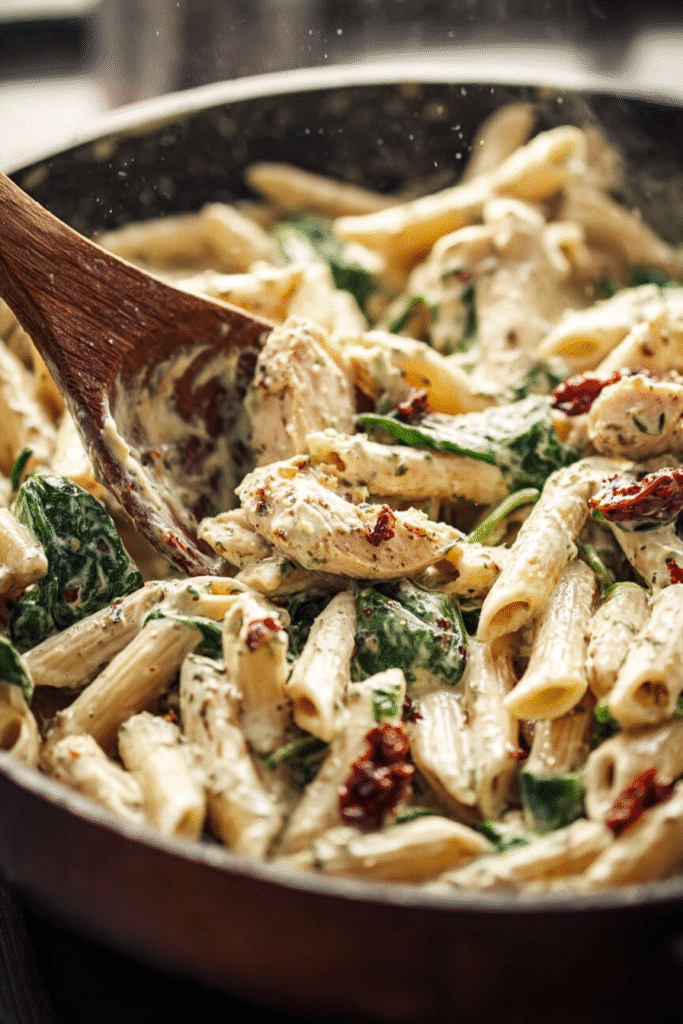 Creamy chicken pesto pasta with penne, spinach, and sun-dried tomatoes stirred together in a rich, cheesy sauce
