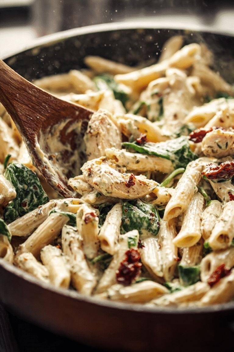 Creamy chicken pesto pasta with penne, spinach, and sun-dried tomatoes stirred together in a rich, cheesy sauce