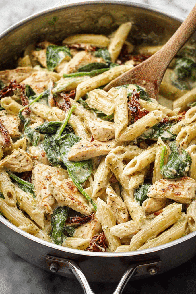 Creamy chicken pesto pasta with penne, sun-dried tomatoes, and spinach in a rich sauce stirred in a skillet