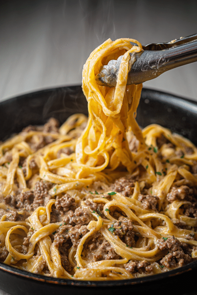 Creamy garlic butter pasta with ground beef tossed in rich sauce and herbs, served hot in a skillet for easy dinner