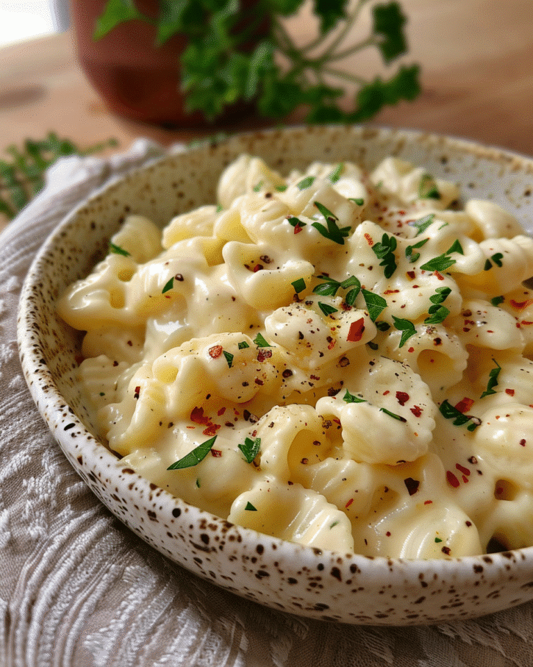 Creamy garlic pasta shells topped with herbs and red pepper flakes in a smooth parmesan sauce for a cozy meal