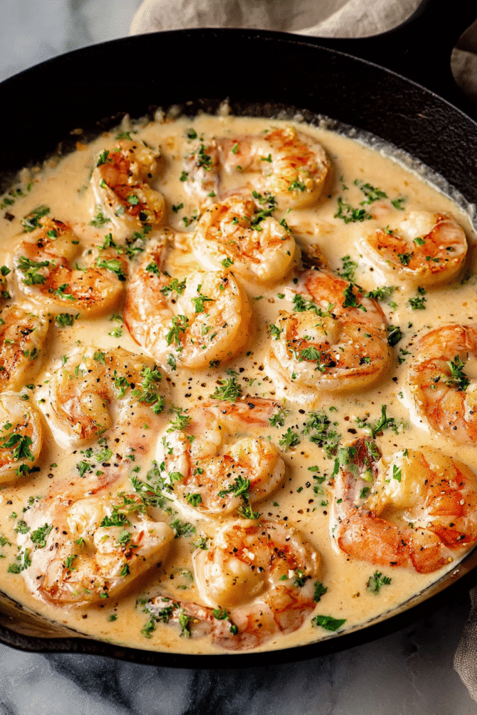 Juicy shrimp in a creamy garlic butter sauce with herbs, cooked in a skillet and ready to serve in just 15 minutes.