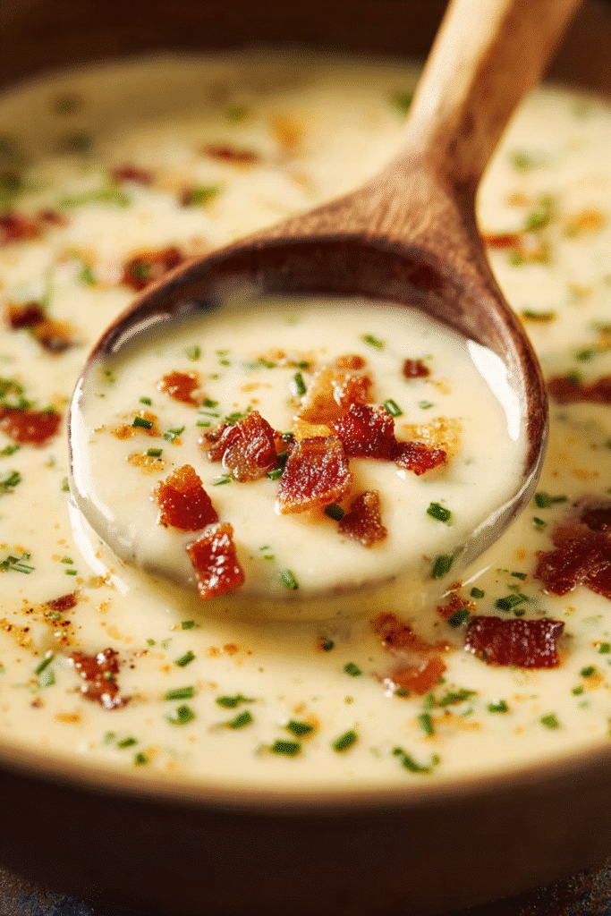 Creamy loaded potato soup with bacon and chives served in a wooden spoon, smooth and hearty with rich flavor