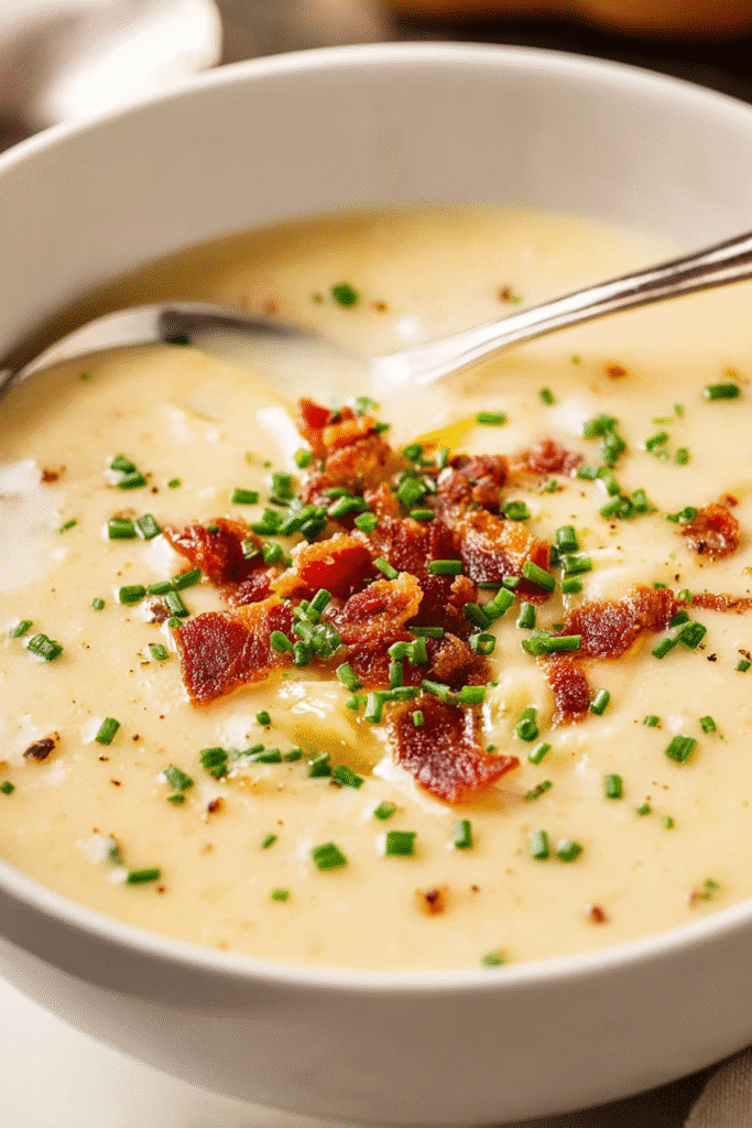 Creamy loaded potato soup topped with crispy bacon bits and fresh chives in a bowl, rich, comforting, and hearty dinner
