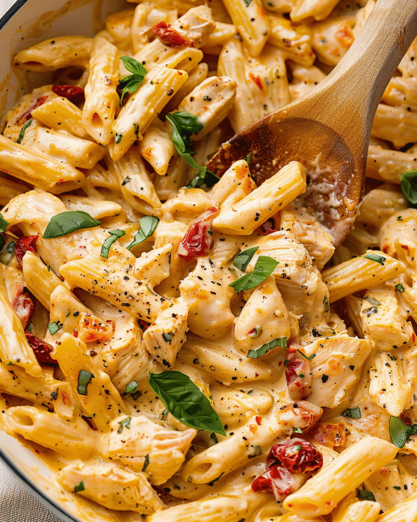 Creamy penne pasta mixed with tender chicken, sun-dried tomatoes, basil, and garlic in a rich parmesan sauce