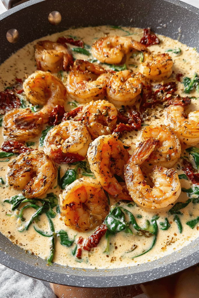 Juicy shrimp simmered in creamy garlic parmesan sauce with sun-dried tomatoes and spinach for a rich romantic dinner