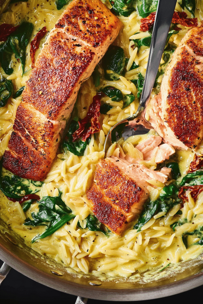 Pan-seared salmon with creamy lemon orzo, wilted spinach, and sun-dried tomatoes in a rich Mediterranean sauce