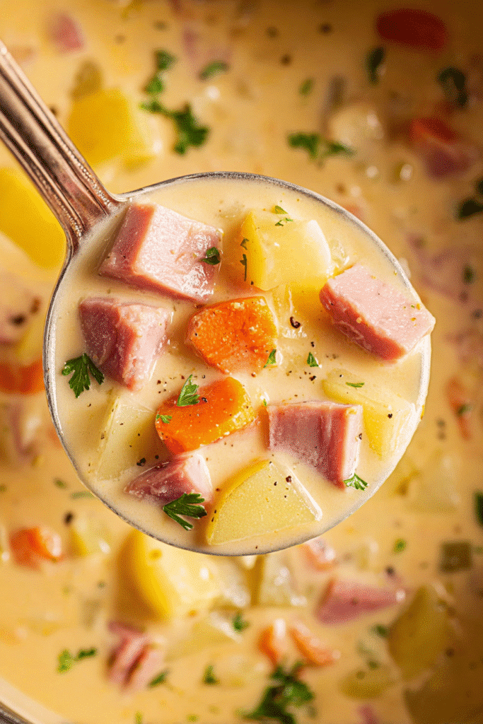 Creamy ham and potato soup with carrots and parsley served in a ladle, rich and comforting one-pot meal for cold days