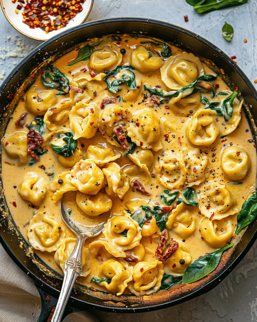 Cheese tortellini simmered in creamy garlic sauce with spinach, sun-dried tomatoes, and black pepper in a skillet