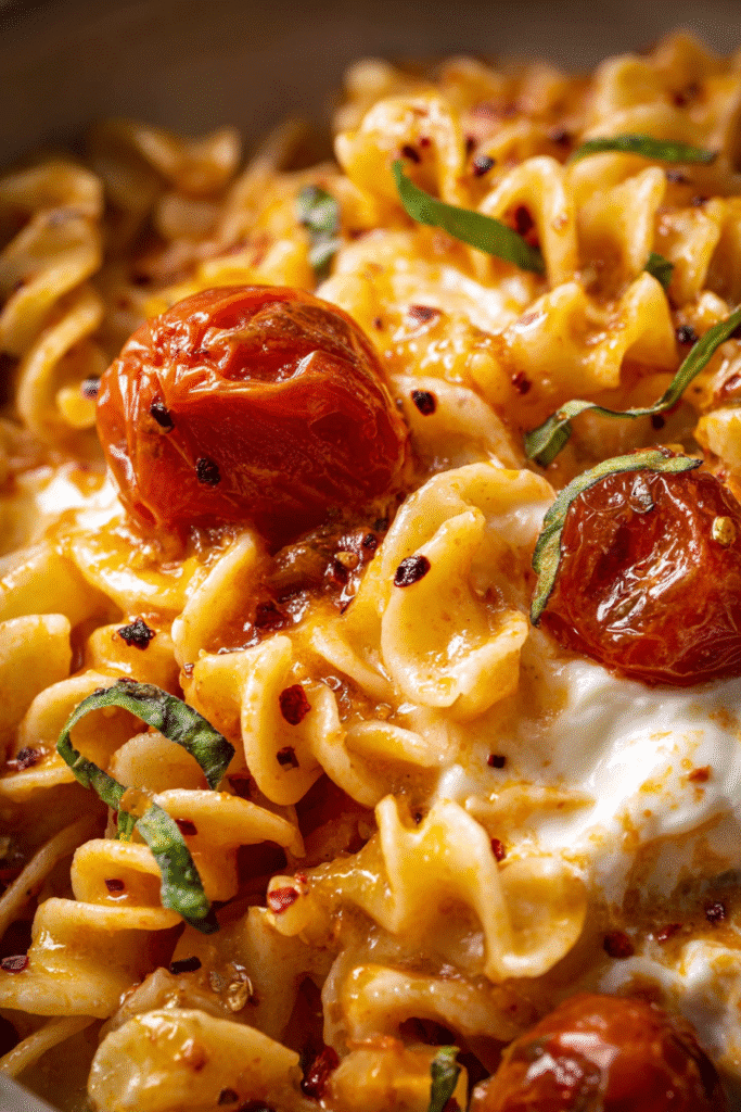 Close-up of creamy burrata melting over pasta with roasted cherry tomatoes, basil ribbons, and red pepper flakes