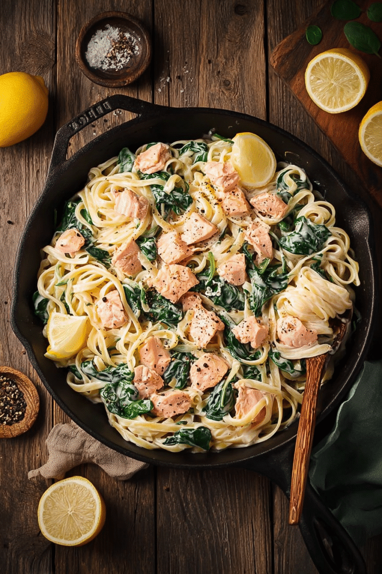 Creamy salmon pasta with tender chunks of salmon, spinach, and fettuccine tossed in a rich garlic cream sauce