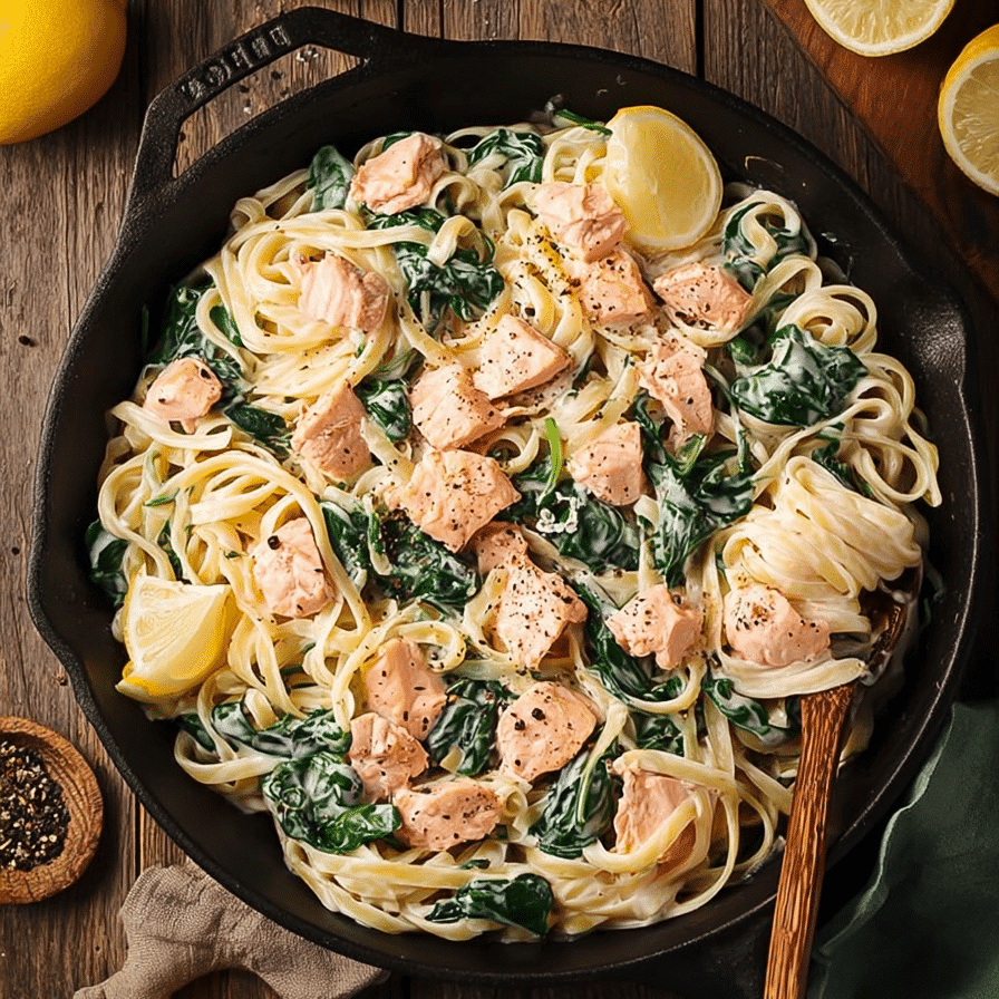 Creamy salmon pasta with tender chunks of salmon, spinach, and fettuccine tossed in a rich garlic cream sauce