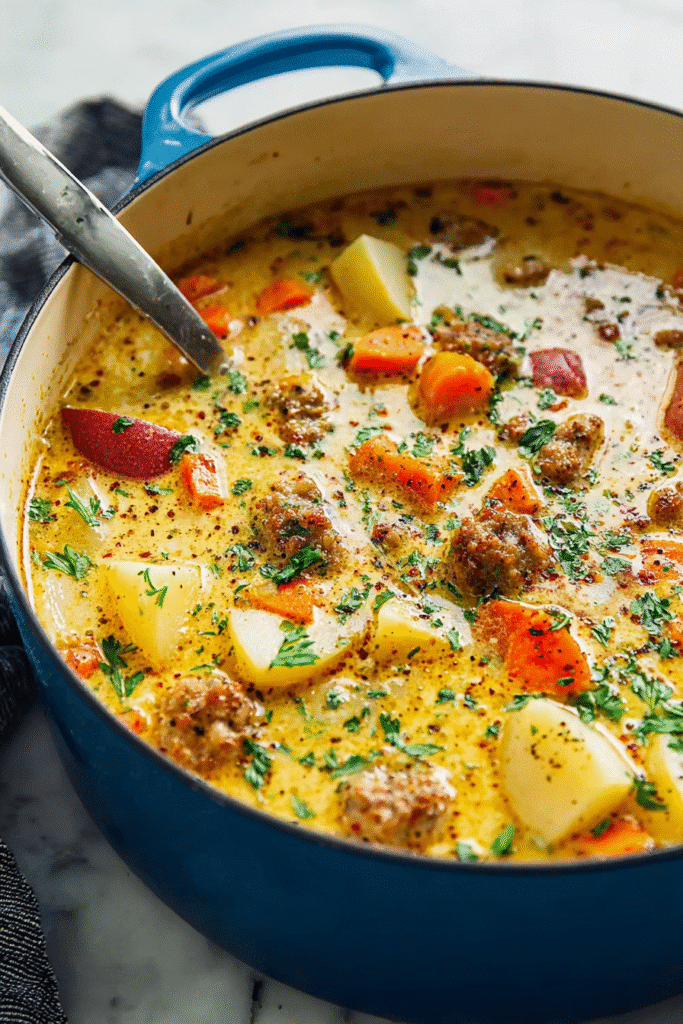 Creamy sausage potato soup with carrots, herbs, and tender potatoes simmered in a rich, flavorful broth