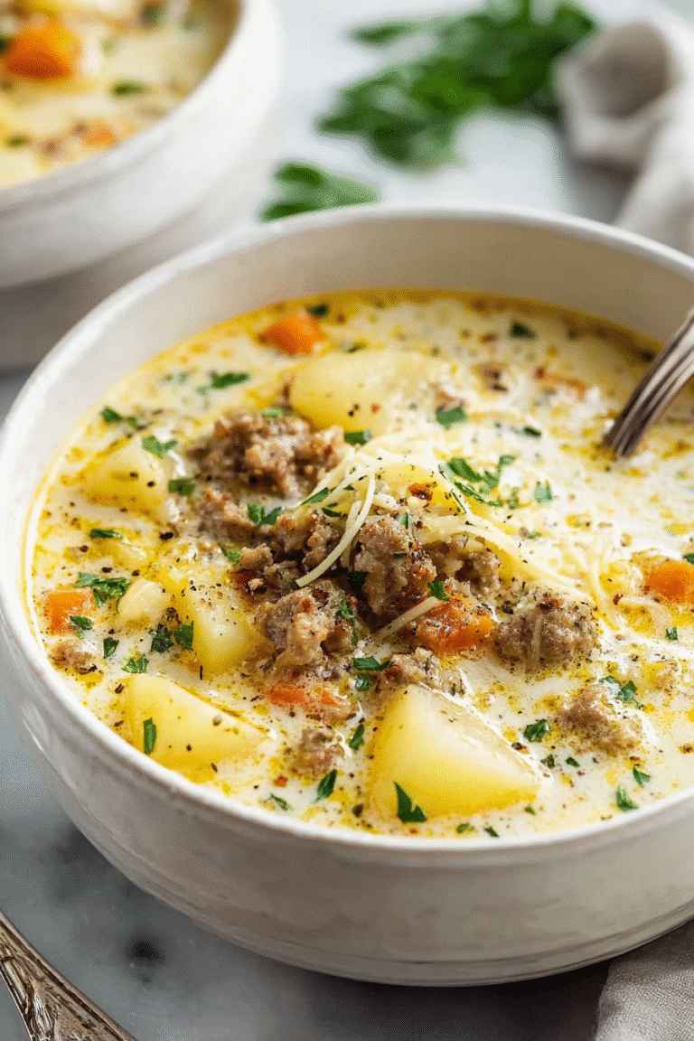 Creamy sausage potato soup with tender potatoes, carrots, and herbs in a rich broth topped with shredded cheese