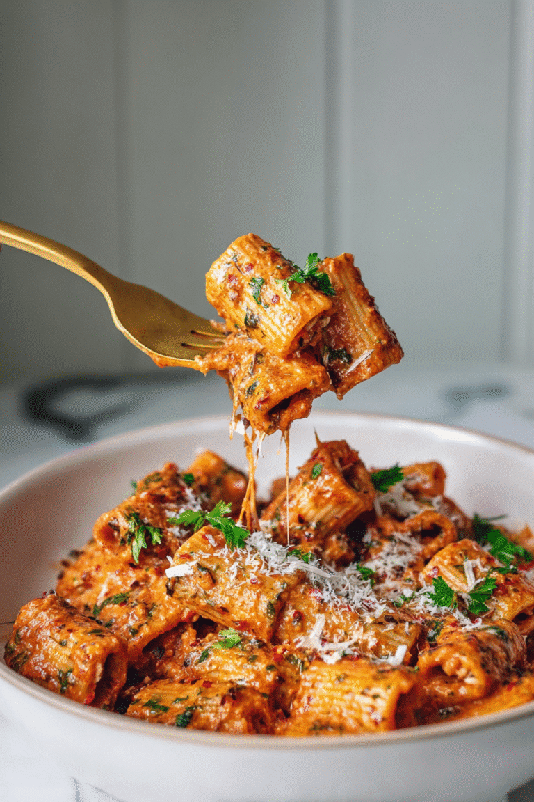 Creamy tomato garlic pasta with parmesan cheese and herbs on a fork above a bowl of rich, cheesy rigatoni