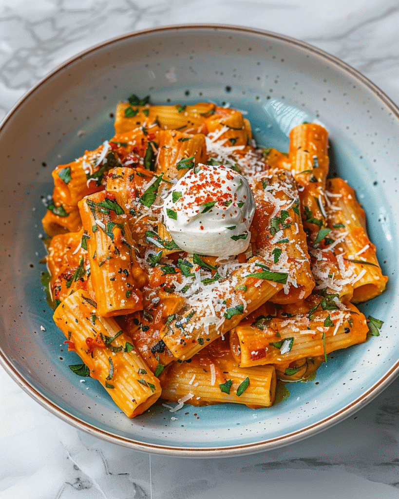 Rigatoni pasta in creamy tomato garlic sauce topped with burrata, parmesan, and herbs for a rich Italian-style meal