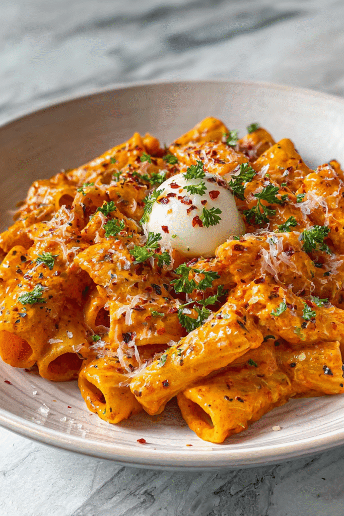 Creamy tomato garlic pasta with rigatoni, topped with mozzarella cheese, herbs, and chili flakes on a white plate