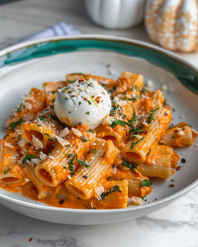 Rigatoni pasta coated in creamy tomato garlic sauce topped with burrata cheese and fresh herbs for a rich flavor