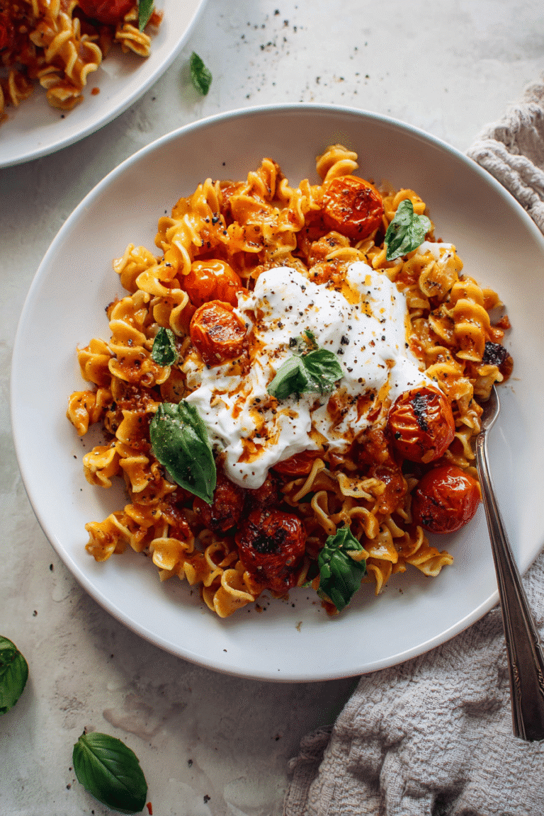 Creamy burrata melting over fusilli pasta with roasted cherry tomatoes, basil leaves, and a drizzle of olive oil