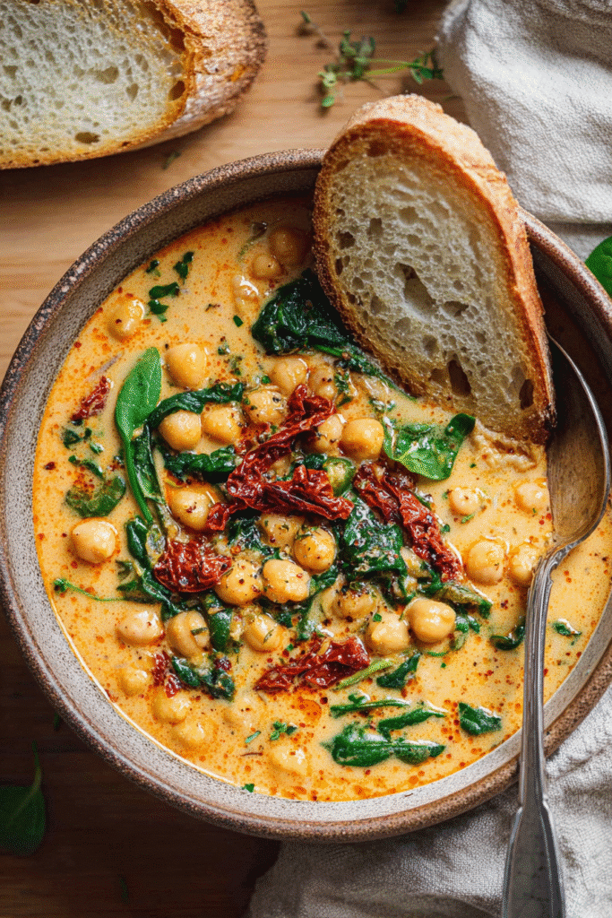 Creamy Tuscan garbanzo bean soup with spinach, chickpeas, and sun-dried tomatoes served with crusty bread