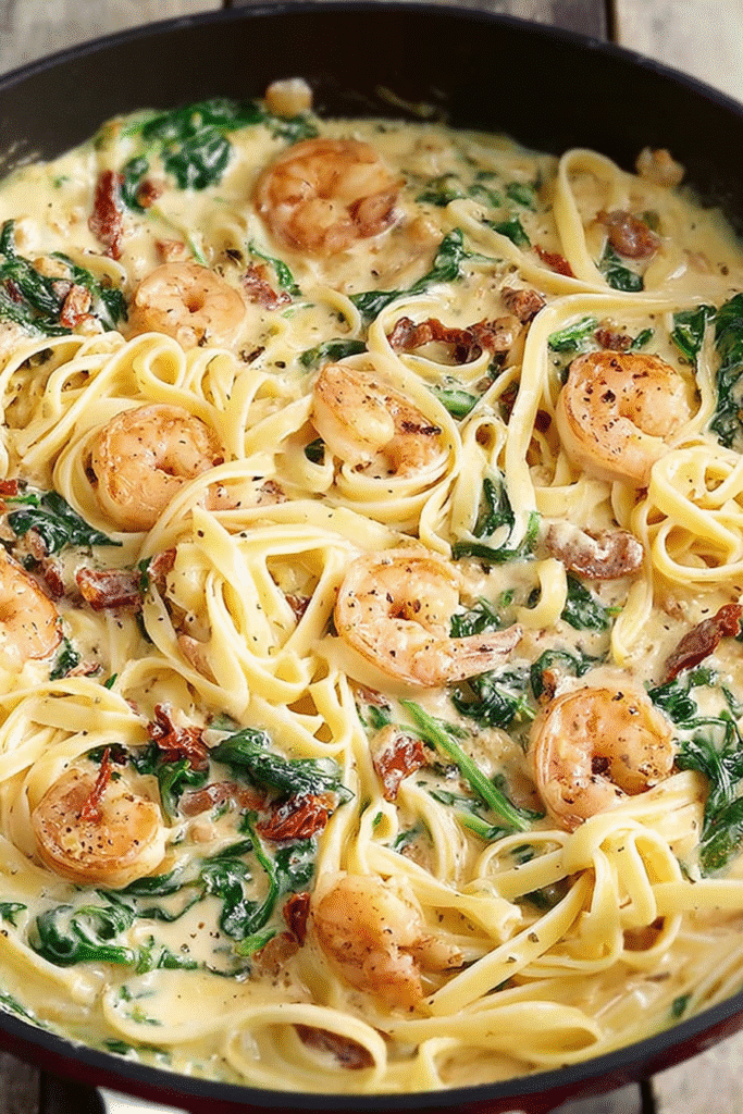 Creamy Tuscan shrimp linguine simmering in a skillet with garlic sauce, spinach, and sun-dried tomatoes