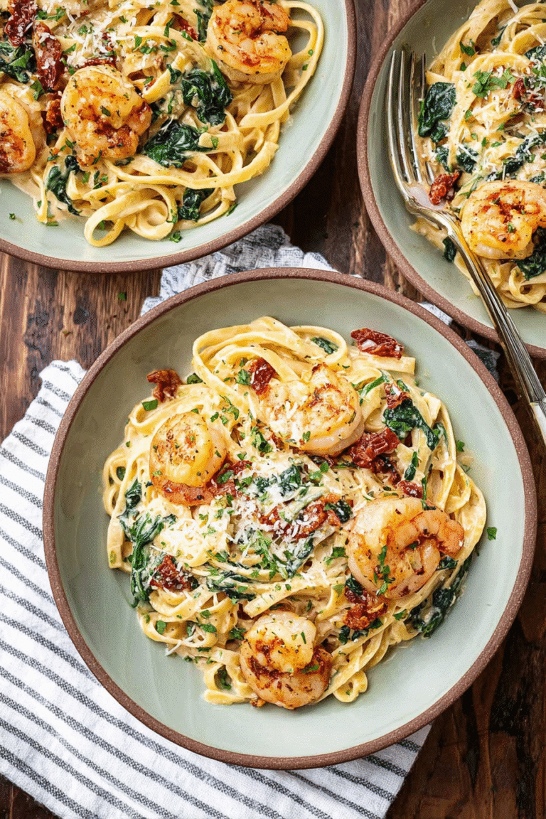 Creamy Tuscan shrimp linguine with sun-dried tomatoes, spinach, and parmesan in a rich garlic cream sauce